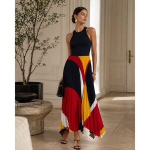 Polo Ralph Lauren Dress Womens Colorblock Pleated Maxi Dress Navy Red Yellow 2